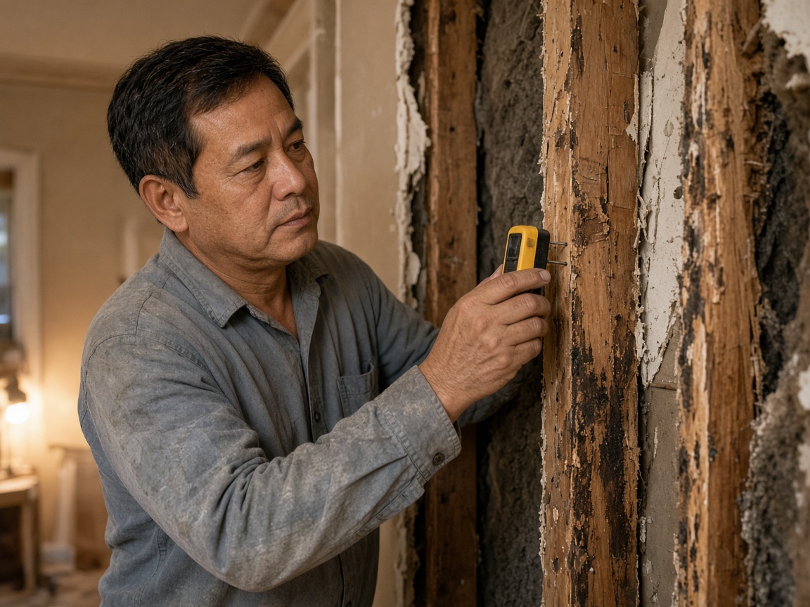 Dat Nguyen checking moisture on exposed studs