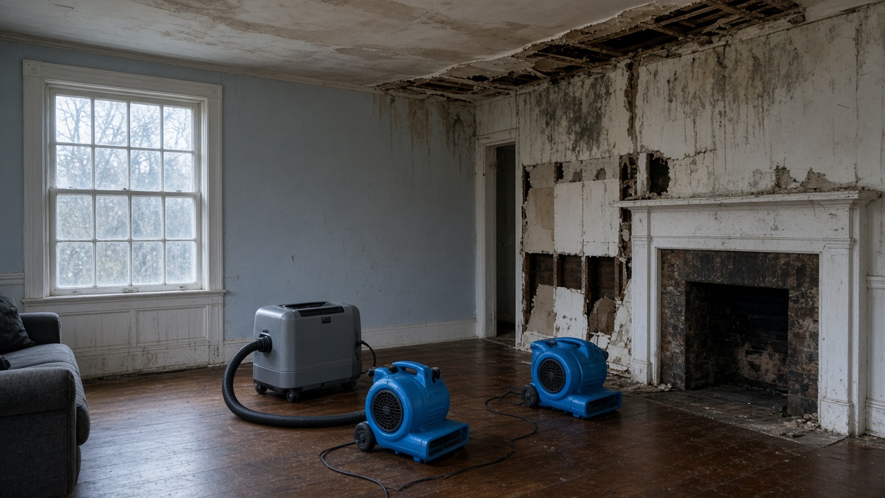 Opened ceiling and drying equipment in a North Attleboro living room