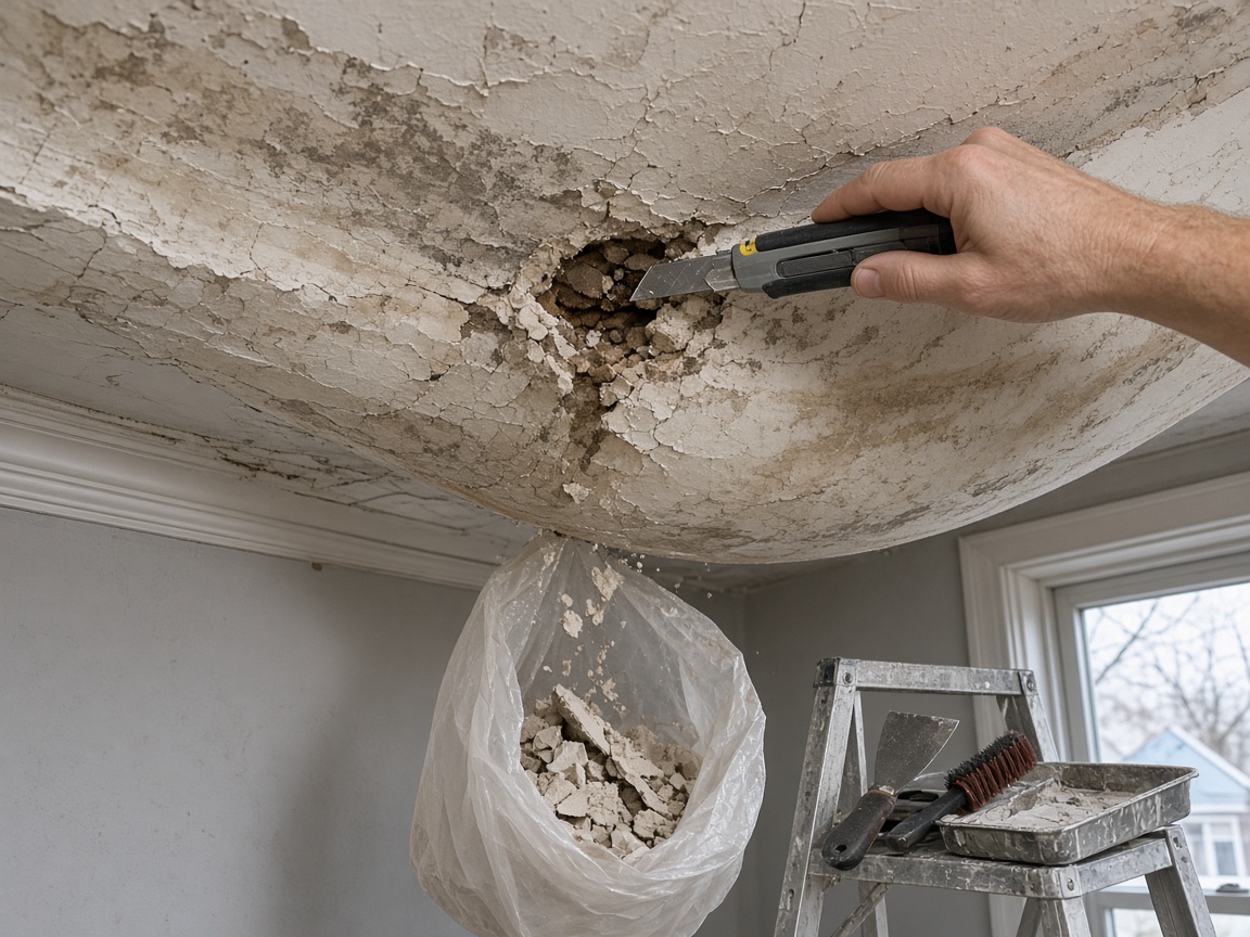 Water-stained ceiling being opened