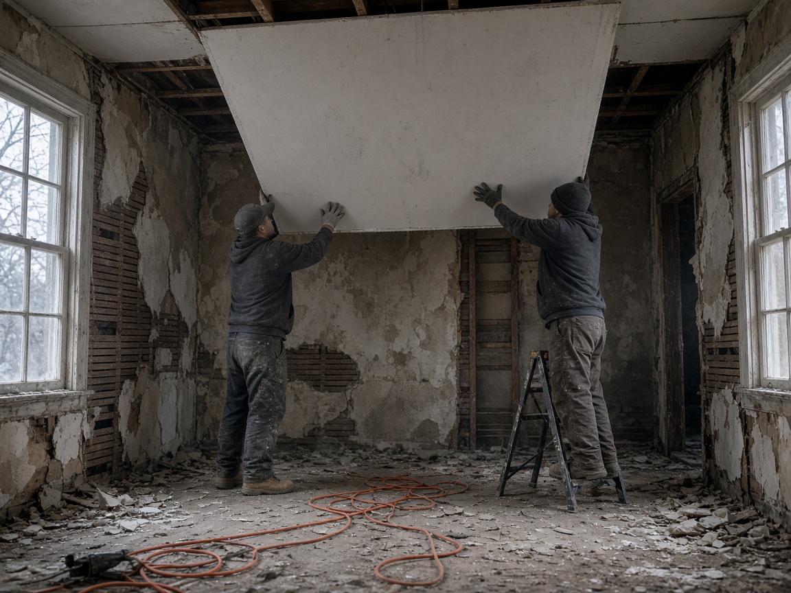 Crew hanging new drywall after a dry-out